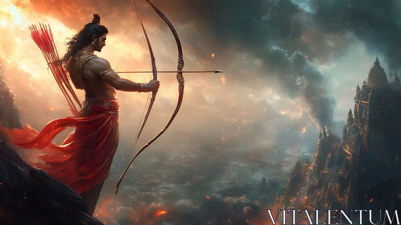 Mythic archer targeting burning citadel in stormlit cosmos.