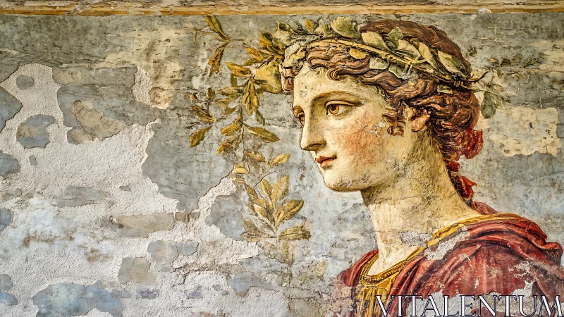 Classical fresco profile with laurel wreath on aged plaster wall.