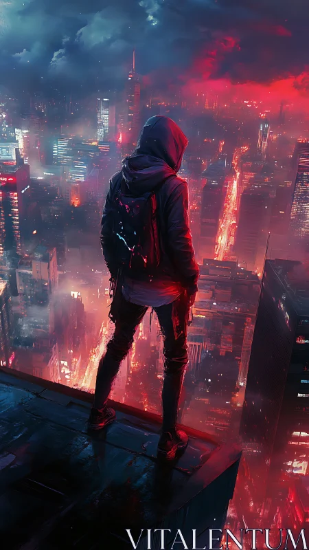 Hooded urban sentinel overlooking neon drenched cyber metropolis.
