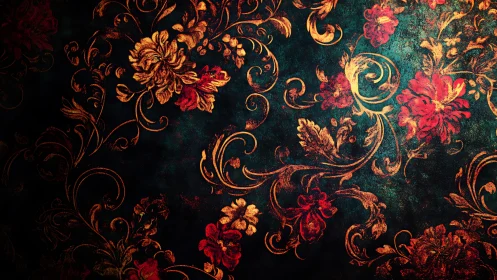 Rich baroque floral pattern glows against dark teal backdrop
