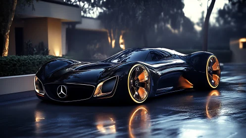 Futuristic black Mercedes concept car on wet driveway.