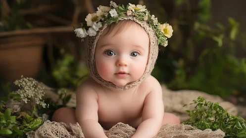 Infant with floral headpiece in garden setting.