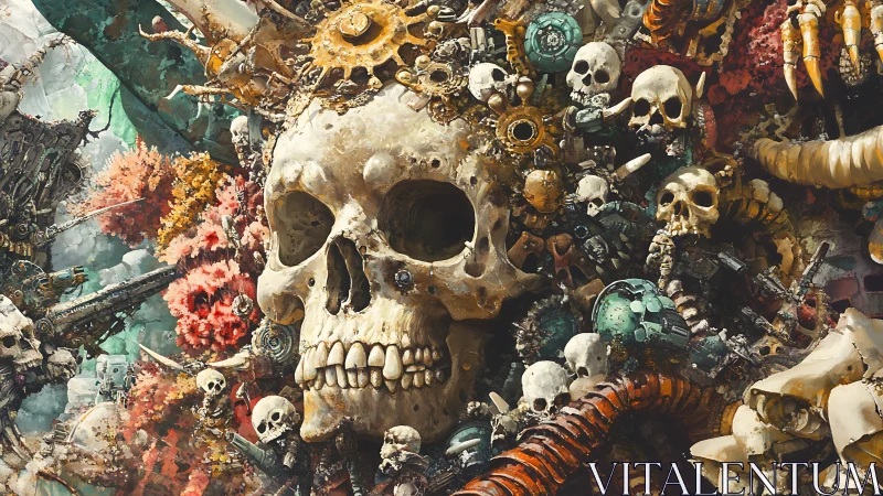 Colossal biomech skull throne amid dense skeletal machinery.