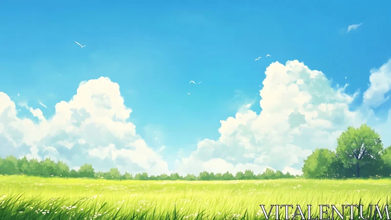 Vast summer meadow extends under towering cumulus clouds