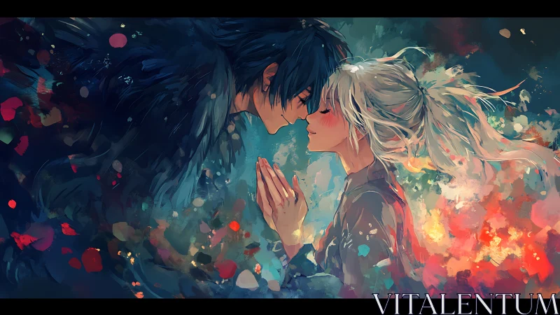Intimate anime lovers amid swirling abstract color burst.