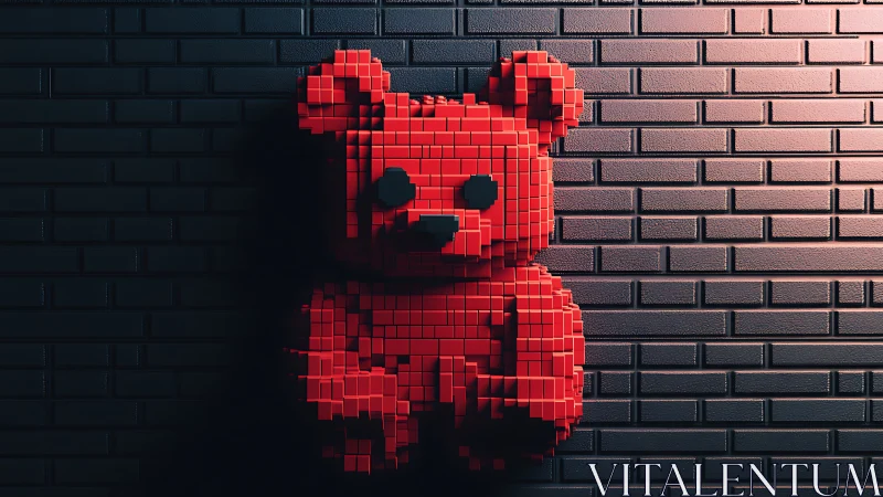 Voxel bear relief sculpture on dark brick wall in 3D lighting.