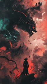 Stormlit warrior confronting colossal shadow dragon at dusk.