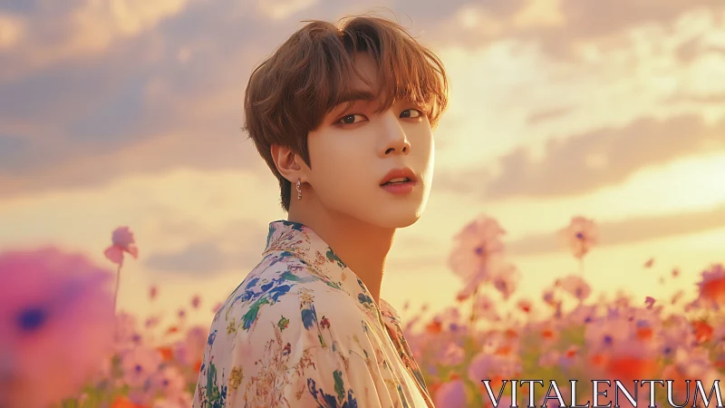 Luminous portrait in floral field under diffuse sunset sky.