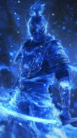 Blue spectral samurai warrior in glowing ethereal armor.