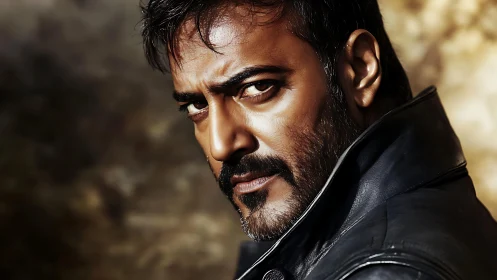 Brooding leather-clad rebel framed in molten golden light.