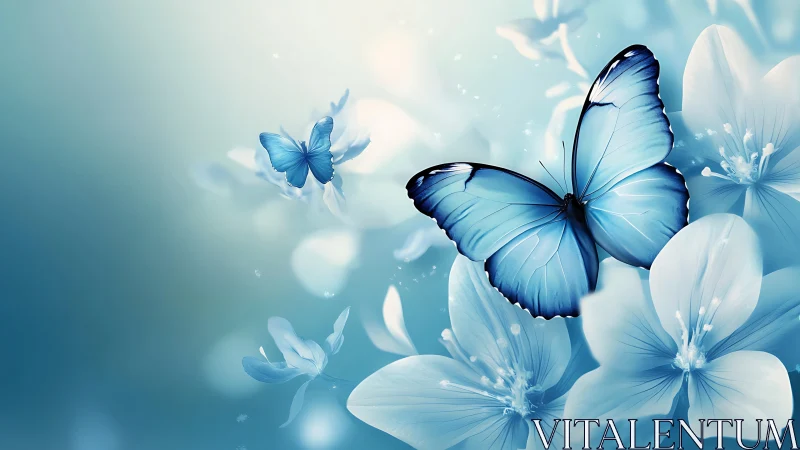 Blue butterfly drifts softly above ethereal pale blossoms.