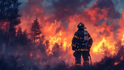 Firefighter operates in active forest fire with high-intensity flames.