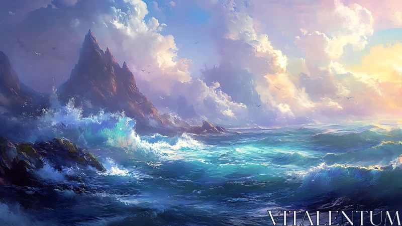 Sunlit storm waves dancing below distant twilight peaks.