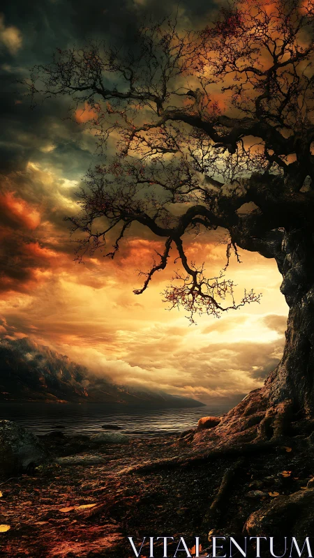 Ancient cliffside tree guarding a storm lit crimson horizon.