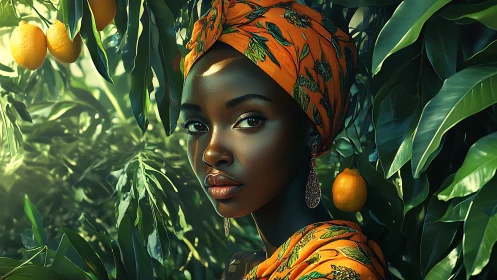 Luminous woman in citrus grove glows with rich, gentle color