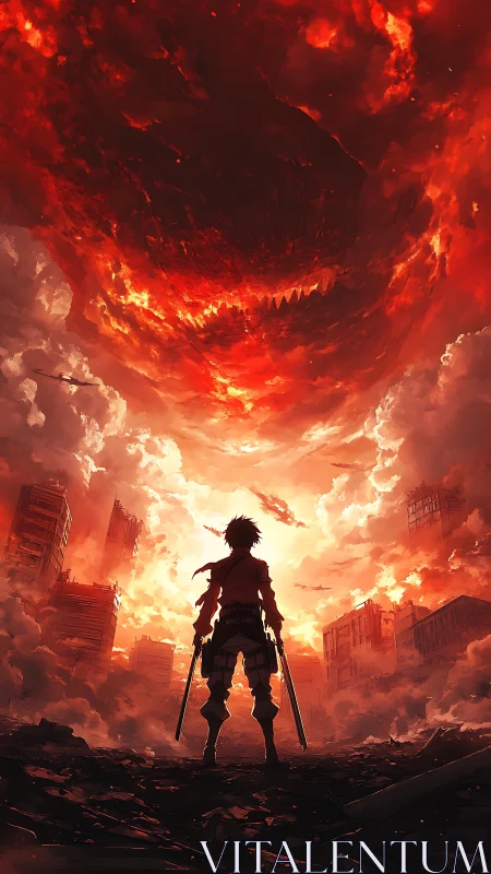 Silhouetted fighter facing fiery sky over ruined cityscape.