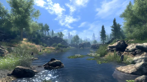 Mountain river valley under clear bright summer sky.