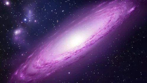 Inclined magenta spiral galaxy with luminous active core.