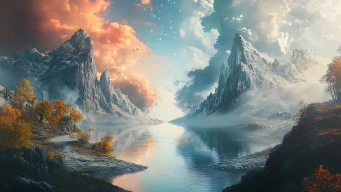 Dreamlike mountain lake glowing under sunrise clouds.