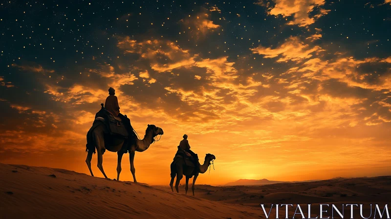 Desert travelers ride camels beneath luminous twilight sky