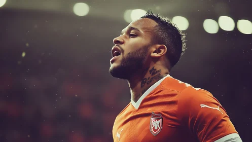 Footballer in orange kit exhales under bright stadium lights.