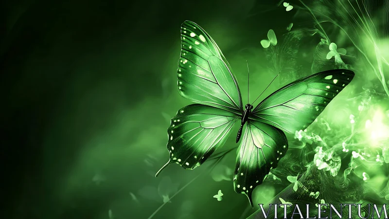 Luminescent emerald butterfly in radiant green flightscape.