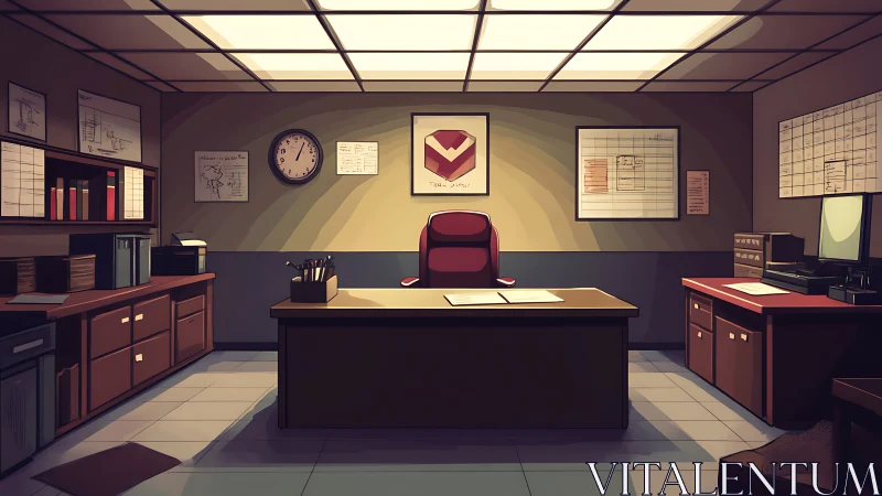 Symmetrical low-key office interior with centralized executive desk