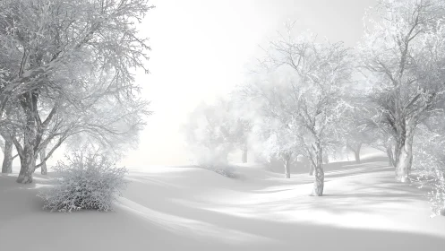 Silent winter grove glows under soft, ethereal light.