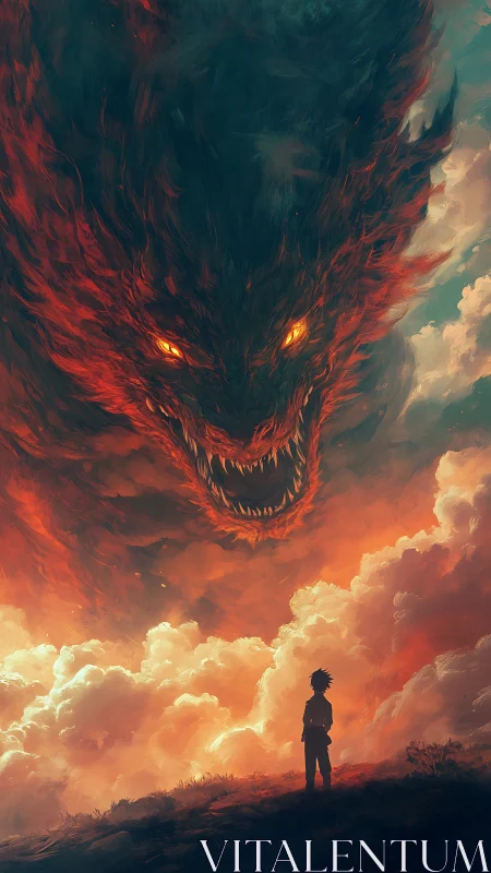 Child confronts colossal fiery sky demon above clouds.