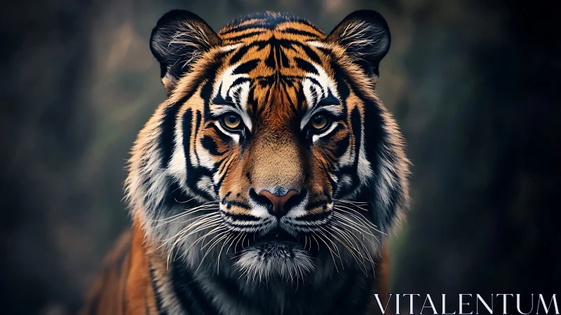 Majestic tiger portrait stares forward in dramatic shadows.