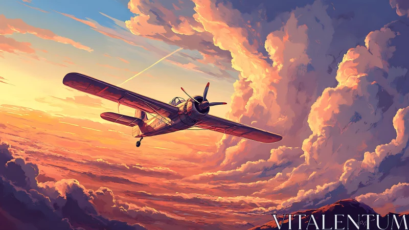 Sunset stormrider plane carving molten clouds in silence.