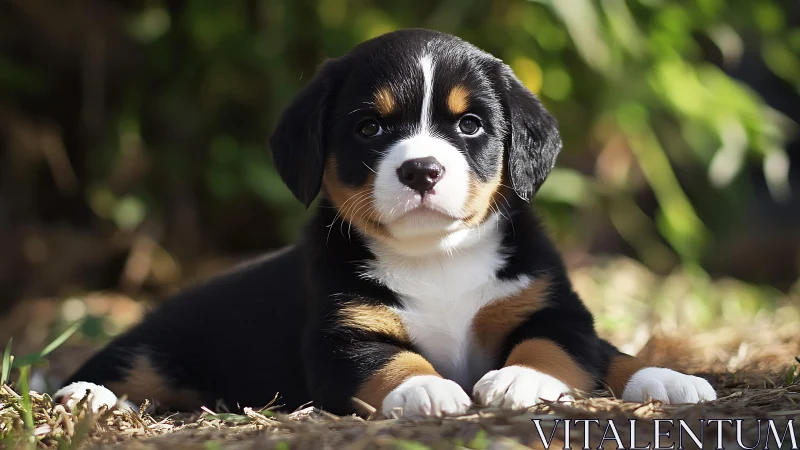 Tricolor puppy resting on sunlit grass outdoors in focus.