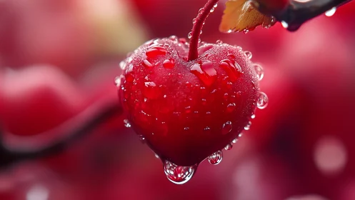 Heart-shaped cherry macro with dewy surface and bokeh red field.