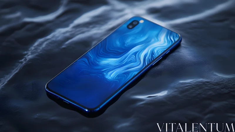 Sleek blue smartphone with abstract water-inspired design, modern style.