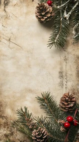 Rustic Christmas pine border with frosted cones and berries.