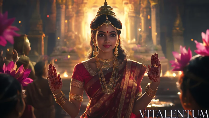 Indian classical dancer in ornate temple interior setting.