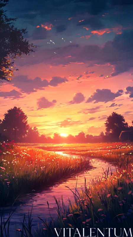 Sunset river landscape with meadow, clouds and distant trees.