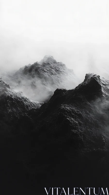 Monochrome volcanic ridges extend upward through dense fog