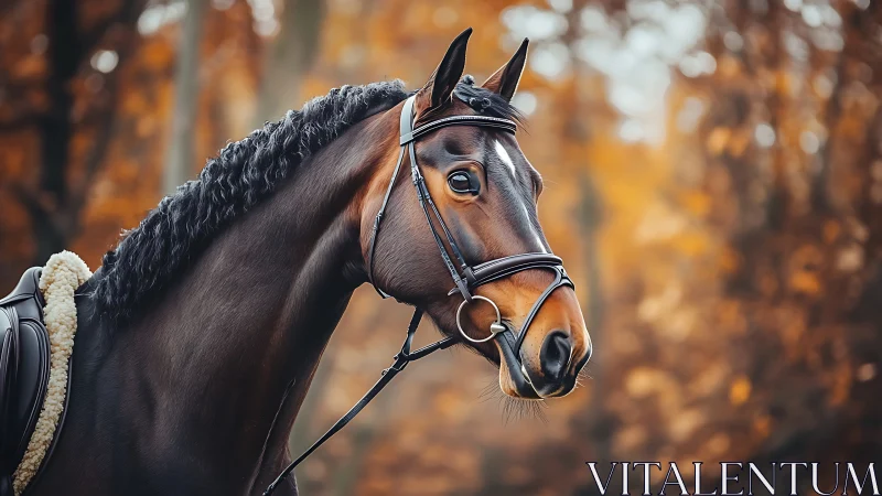Autumn-gold dressage horse poised in crisp woodland light.