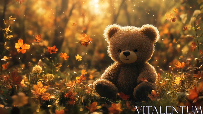 Teddy bear resting in a golden autumn meadow of soft light.