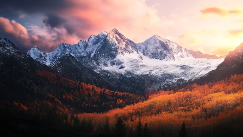 Snow peaks above blazing autumn forest at sunset.