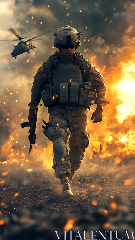 Armed soldier walking through burning battlefield terrain.