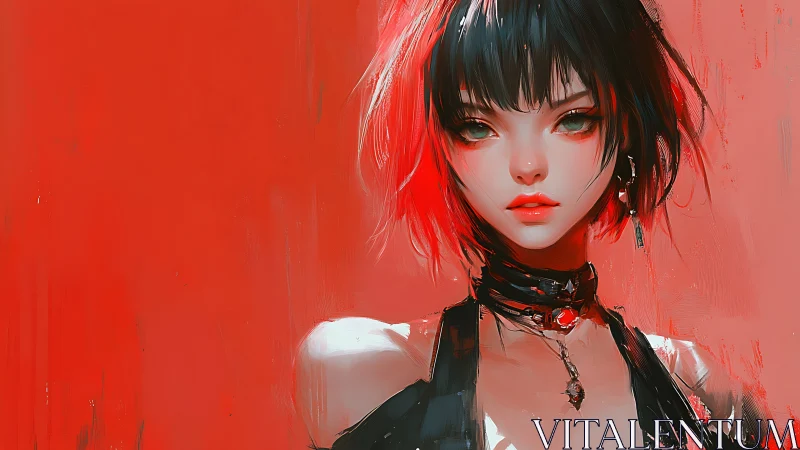 Chromatic cyber-goth portrait with high-saturation red field.