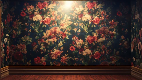 Floral wallpapered corner glows under warm spotlight.