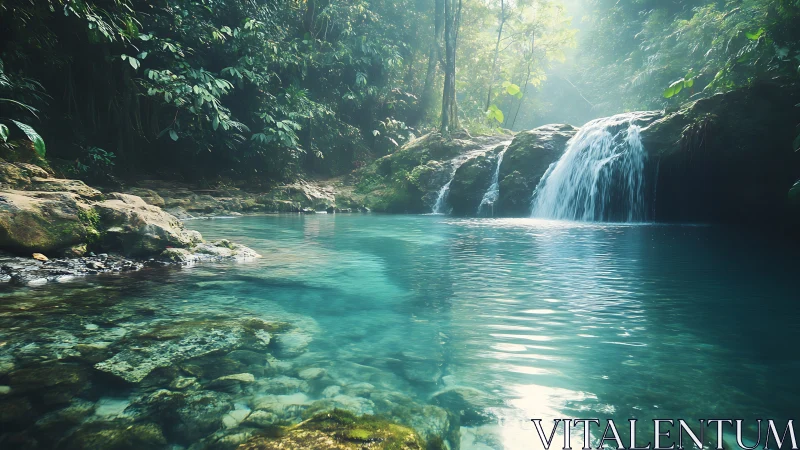 Small tropical waterfall flows into clear turquoise pool