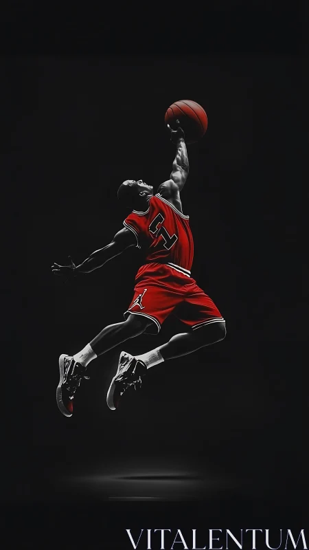 Soaring basketball player in bold red midair leap.
