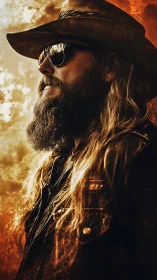 Bearded cowboy in golden light stands in rugged silence