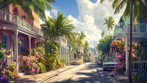 Tropical residential street shows colorful houses and parked cars