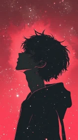 Star-dusted silhouette boy adrift in a cosmic red hush.