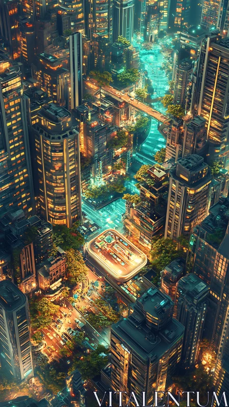 Neon rivers and skyrails weaving through vertical city gardens.